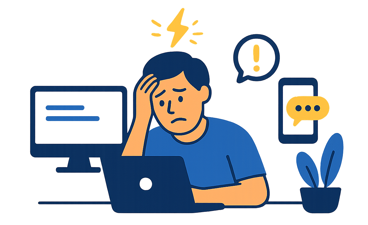 A stressed worker overwhelmed by digital notifications